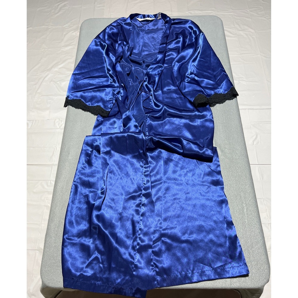 Victorias Secret Royal Blue Satin Robe Black Lace Trim Small Kimono Loungewear